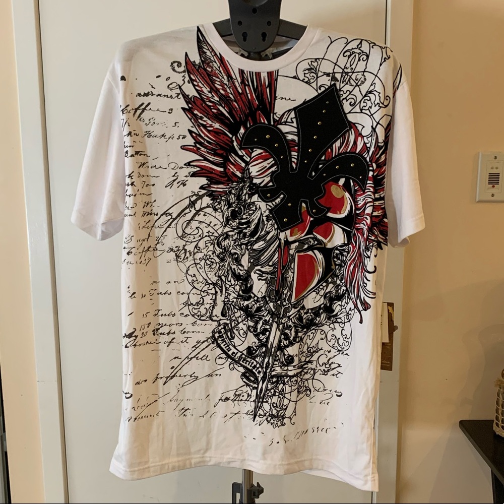 Men’s embellished T-shirt. Foil+flocking. L. White